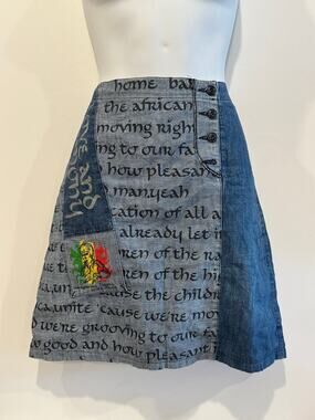 Vintage Be You UK Denim Script Button Front Mini Skirt Love & Harmony Small